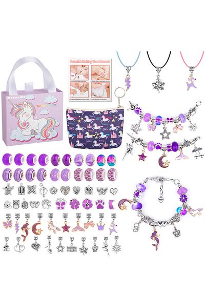 Vittalist Charm Bracelets and Charms Kit, Adjustable Jewelries with Chain, Beads, Necklaces, 60 Pieces, Purple