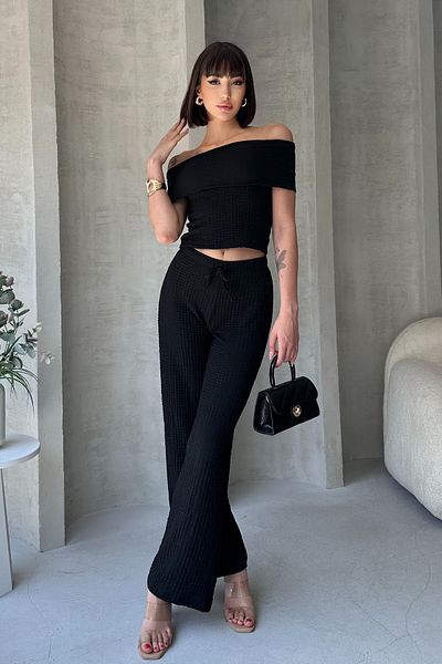 Ey Black Madonna Collar Bubble Bluz Waist Elastic Pants Set