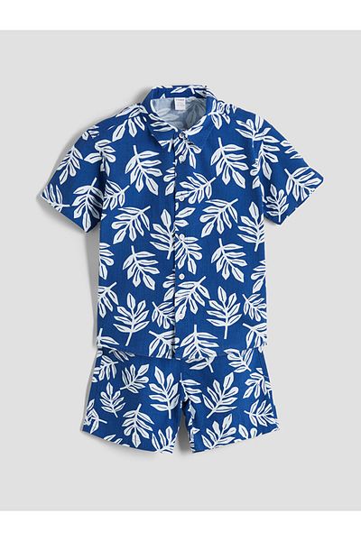 LC Waikiki Blue Printed Boys' Shirt and Shorts 2-Piece