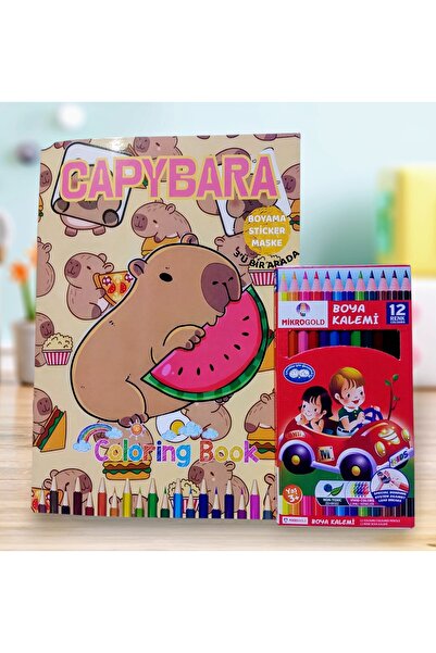 izmir yazici servis Capybara Boyama Kitabı Sticker ve Maskeli Kitap 12 Li Tam Boy Kuru Boya Kapibara