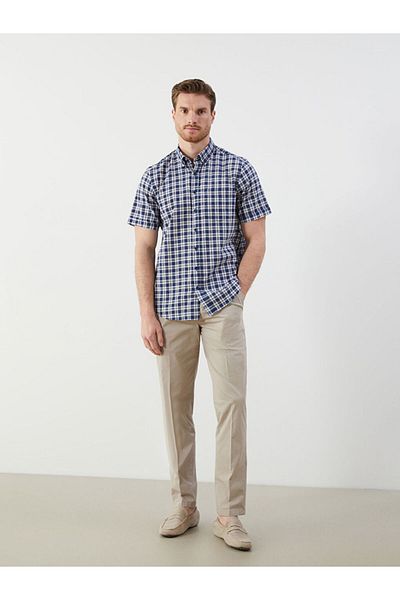 LC Waikiki Beige Regular Fit Short Sleeve Plaid Men's Shirt