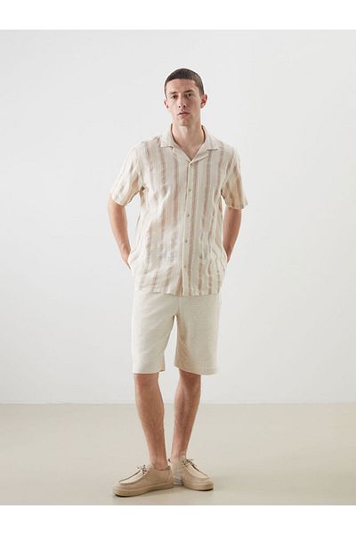 LC Waikiki Beige Regular Fit Short Sleeve Striped Men's Textured Shirt
