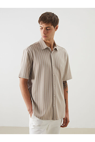 LC Waikiki Beige Regular Fit Short Sleeve Striped Men's Shirt