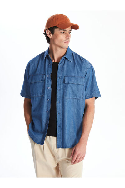 LC Waikiki Blue Comfortable Fit Short Sleeve Men's Jean Shirt