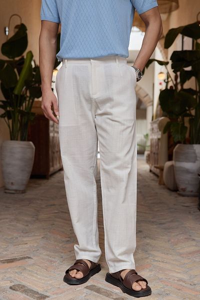 Livio Ferri Dulan Men's Baggy Fit Trousers Linen Look 100% Cotton Elastic Waist