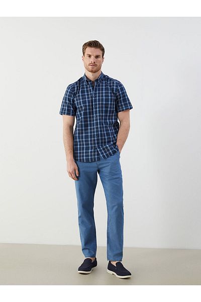 LC Waikiki Navy Blue Regular Fit Short Sleeve Plaid Poplin Men's Shirt
