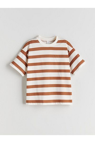 LC Waikiki Red Crew Neck Striped Boy's T-Shirt