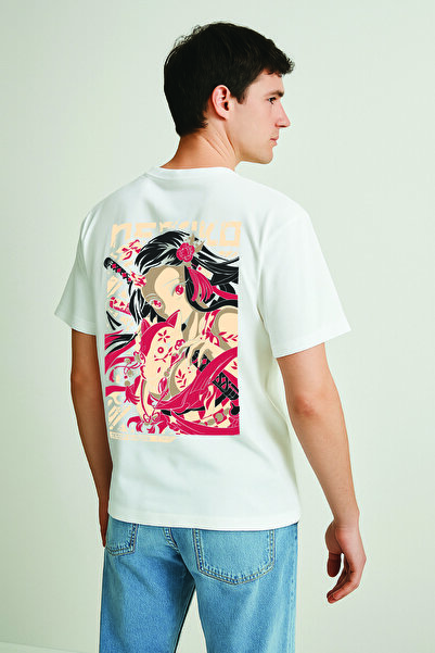 By Caspita Fashion Tricou alb oversize unisex cu imprimeu pe spate Lenithra Demon Slayer Nezuko Kamado