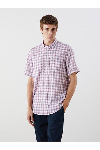 LC Waikiki Navy Blue Regular Fit Short Sleeve Plaid Dobby Men's Shirt