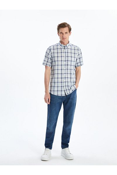 LC Waikiki Indigo Regular Fit Short Sleeve Plaid Men's Shirt