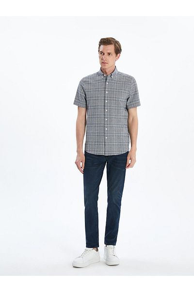 LC Waikiki Beige Regular Fit Short Sleeve Plaid Poplin Men's Shirt