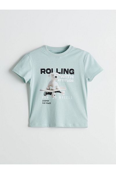 LC Waikiki Green Crew Neck Printed Boy's T-Shirt