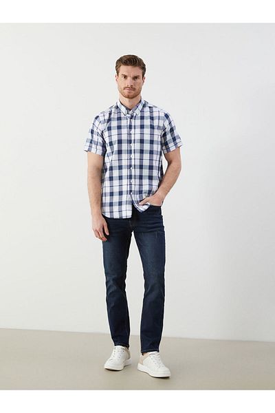LC Waikiki Blue Regular Fit Short Sleeve Plaid Men's Shirt