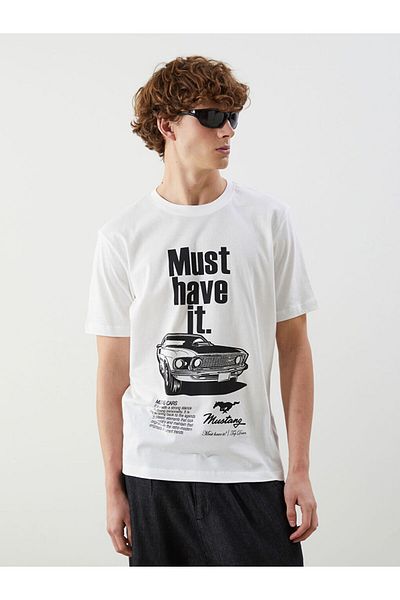 LC Waikiki Νέα σεζόν Crew Neck Ford Mustang Ανδρικό Tisort με εμπριμέ χτενισμένο βαμβάκι - S5OC20Z8