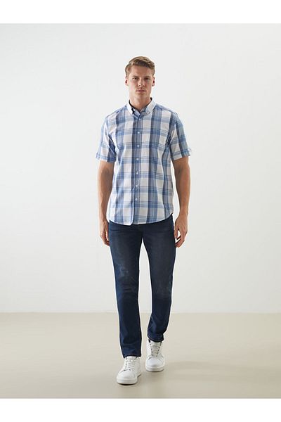 LC Waikiki Blue Regular Fit Short Sleeve Plaid Gabardine Men's Shirt