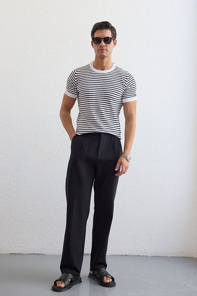 Livio Ferri Dulan Men's Baggy Fit Trousers Linen Look 100% Cotton Elastic Waist