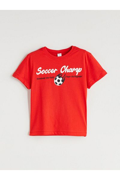 LC Waikiki Red Crew Neck Text Printed Boys' T-Shirt