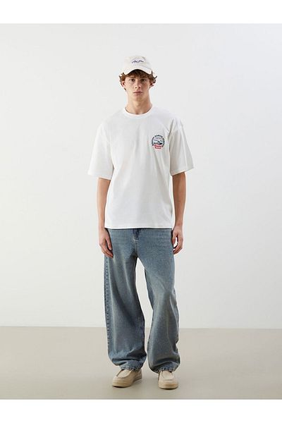 LC Waikiki Xside Ecru Crew Neck Printed Combed Cotton Mens T-Shirt