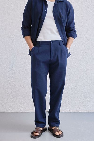 Livio Ferri Dulan Men's Baggy Fit Trousers Linen Look 100% Cotton Elastic Waist