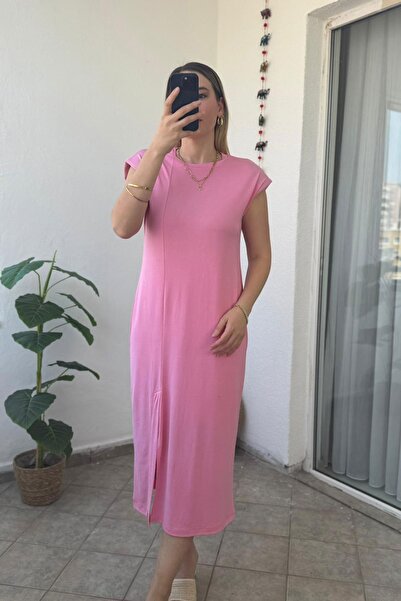 Genel Markalar Önden Yırtmaçlı Bisiklet Yaka Pembe Modal Elbise