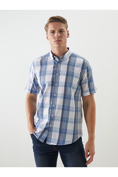 LC Waikiki Blue Regular Fit Short Sleeve Plaid Gabardine Men's Shirt