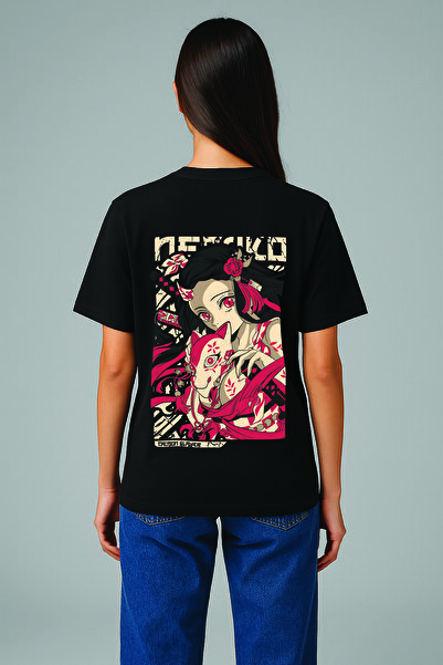 By Caspita Fashion Tricou negru oversize unisex cu imprimeu pe spate Lenithra Demon Slayer Nezuko Kamado