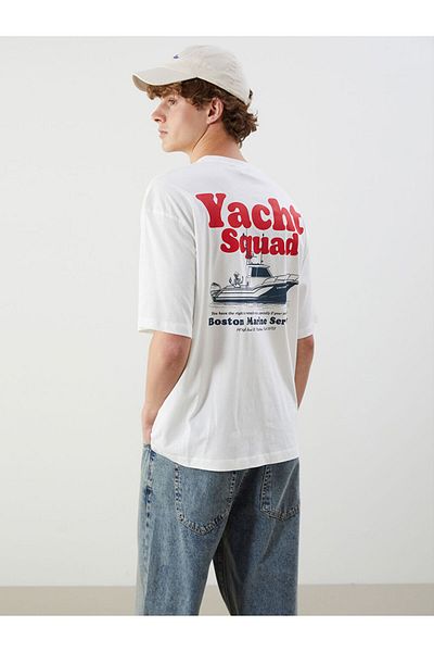 LC Waikiki Xside Ecru Crew Neck Printed Combed Cotton Mens T-Shirt