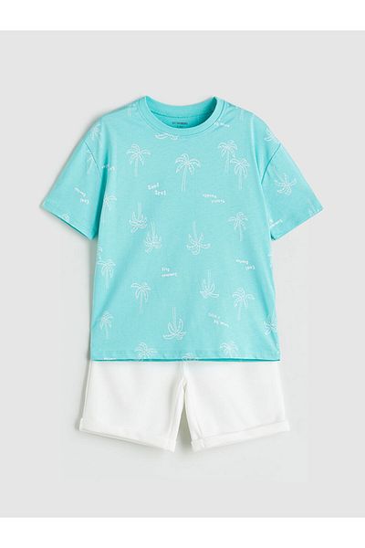 LC Waikiki Turquoise Printed Boys' T-Shirt and Shorts 2-Piece Set