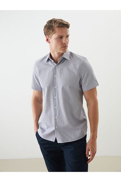 LC Waikiki Formal Gray Regular Fit Short Sleeve Plaid Poplin Men's Shirt