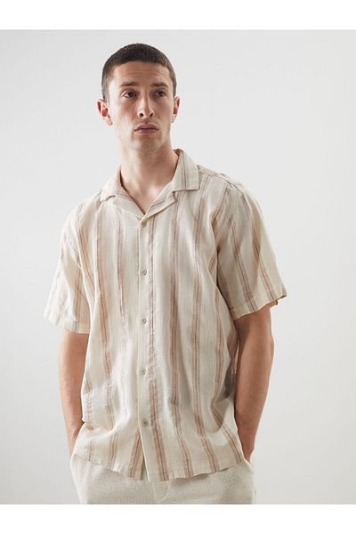 LC Waikiki Beige Regular Fit Short Sleeve Striped Men's Textured Shirt
