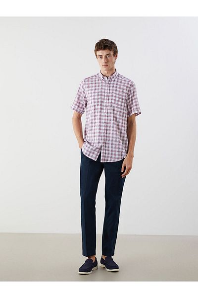 LC Waikiki Navy Blue Regular Fit Short Sleeve Plaid Dobby Men's Shirt