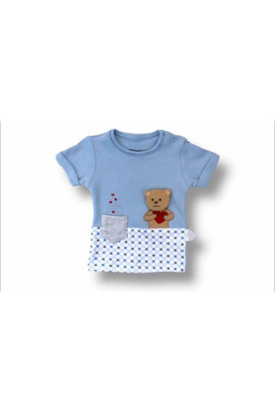 ALFA AKSESUAR 03 3-6 6-9 9-12 12-18 Months Romantic Teddy Bear Embroidered Bandage Short Sleeve Sweat 3 Piece Baby Girl-Boy Set