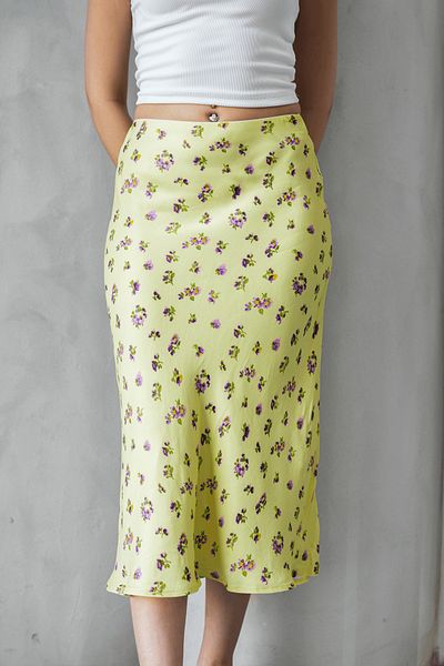 Hisleria Floral Pattern Viscose Satin Midi Length Skirt on Yellow Background - Yellow Background