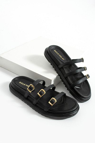 diclepolat Palmeira Women's Buckle Detail Daily Comfort Slippers Black