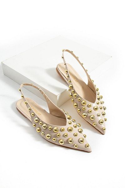 diclepolat Women's Rozi Beige Patent Leather Ballerina Gold Trop Detailed Open Back