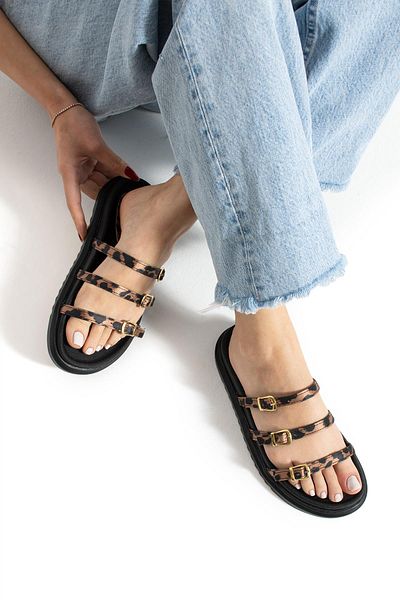 diclepolat Palmeira Women's Buckle Detail Daily Comfort Slippers Leopard