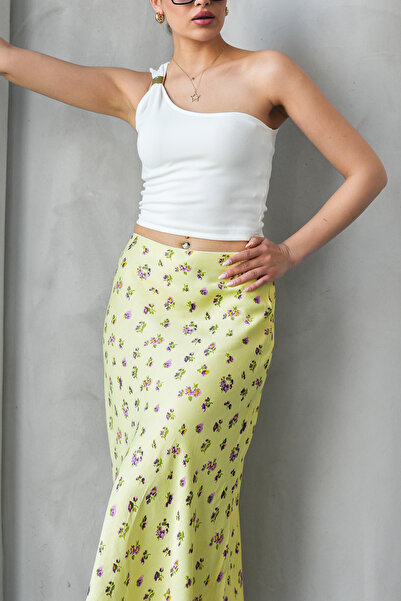 Hisleria Summer Yellow Floral Pattern Viscose Satin Midi Length Skirt on Yellow Background - Yellow Background