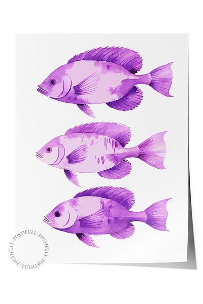 Postifull Frameless Wall Poster, Fish, Watercolor, Purple Color Poster, 2025 Summer Selection, No:109874