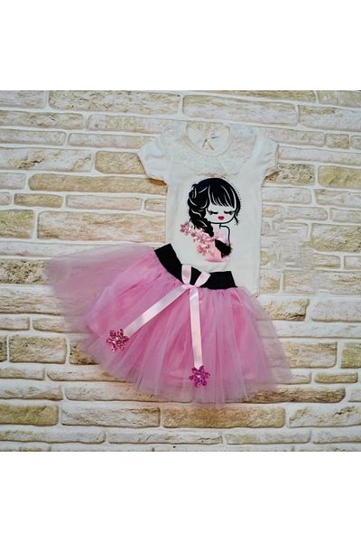 ALFA AKSESUAR 03 9-12-18 Months Hair Braided Girl Embroidered Ribbon Short Sleeve Tutu Skirt 2-Piece Girl Baby Set Lilac
