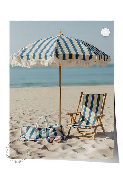 Postifull Poster de perete fără încadrare, plajă cu umbrelă, fotografie, poster de culoare albastră, selecție de vară 2025, NR: 109524