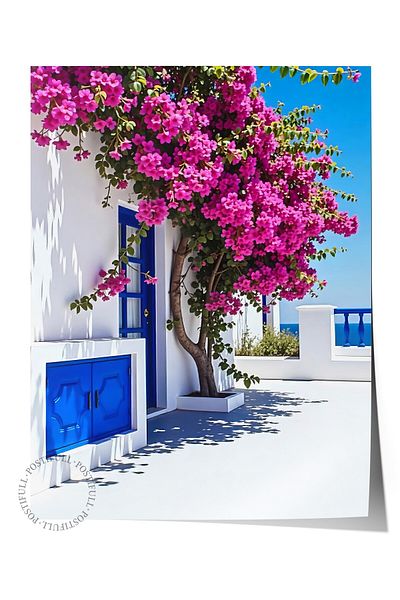 Postifull Frameless Wall Poster, Pink Flowers and House, Photo, Blue Color Poster, 2025 Summer Selection, No:109