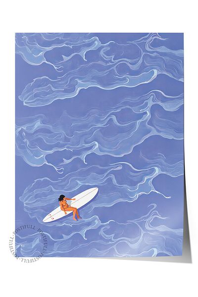 Postifull Poster de perete fără încadrare, surfer pentru femei, ilustrație, poster de culoare albastră, selecție de vară 2025, NR:109517