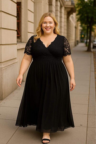 ANGELINO Üstü Güpür Şifon Büyük Beden Abiye Elbise SİYAH DD793