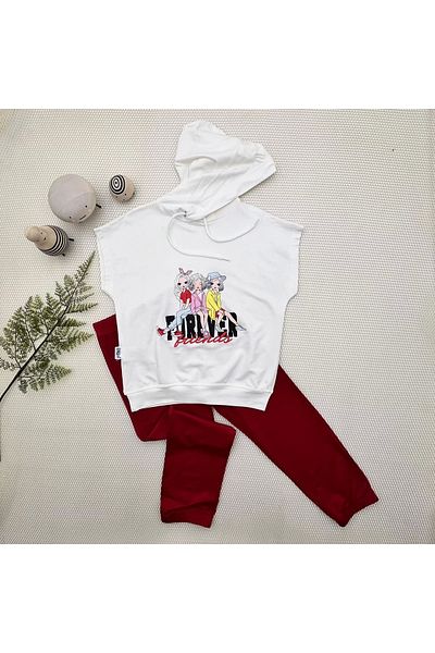 ALFA AKSESUAR 03 3-4-5 Years Old Forever Cici Girls Printed Hooded 2-Piece Girl's Set Red