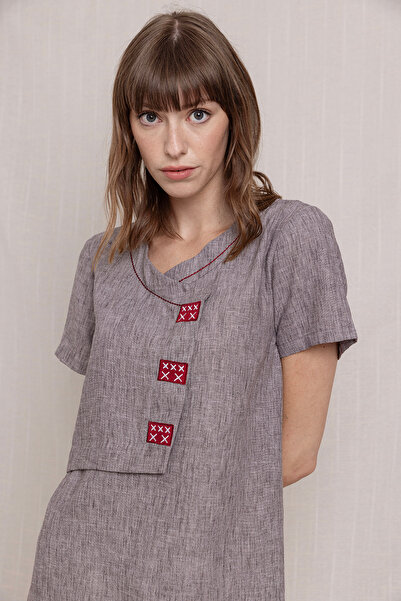 Volanlı Nakışlı Keten elbise