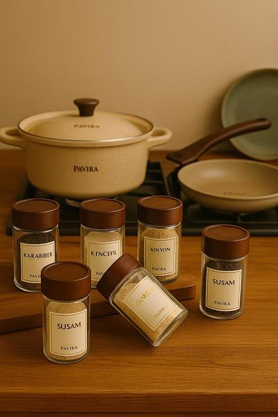 Pavira Casilda 6-Piece Acacia Lid Glass Spice Jar 240 ml with 16 Labels