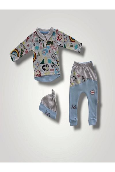 ALFA AKSESUAR 03 6-9 12-18 18-24 Months Power Cat Embroidered Long Sleeve Sweat Hat 3-Piece Baby Girl and Boy Set Blue