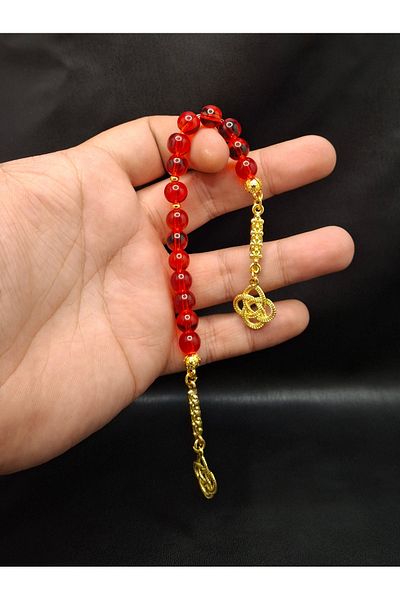 Han Ticarethane Red Glass Zaza Model Prayer Beads with Gold Color Combination