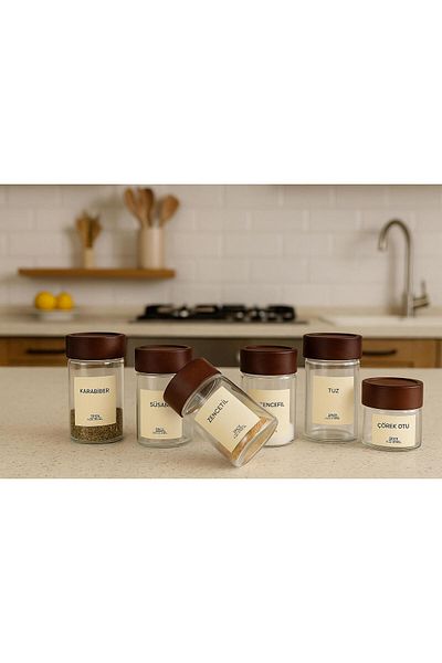 Pavira Casilda 6-Piece Acacia Lid Glass Spice Jar 200 ml with 16 Labels