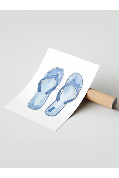 Postifull Poster de perete fără încadrare, papuci albaștri, ilustrație, poster de culoare albastră, selecție de vară 2025